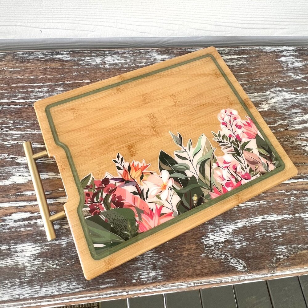 Boho Chic Flowers Resin Wooden Cutting Board Charcuterie Board Handle Cheese - Picture 5 of 6